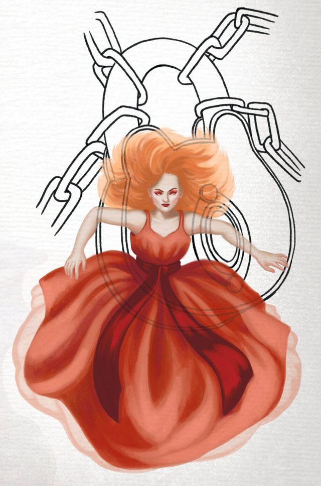 Ghost of a woman in a red dress, floating in front of a giant lock.