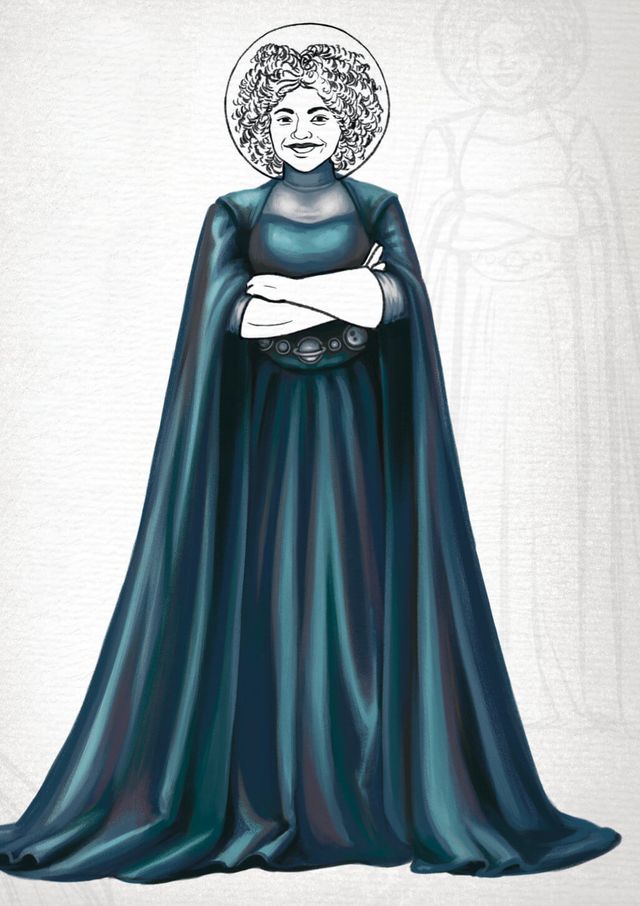 African-American retro astronaut in gorgeous teal gown and cloak, and fishbowl helm.
