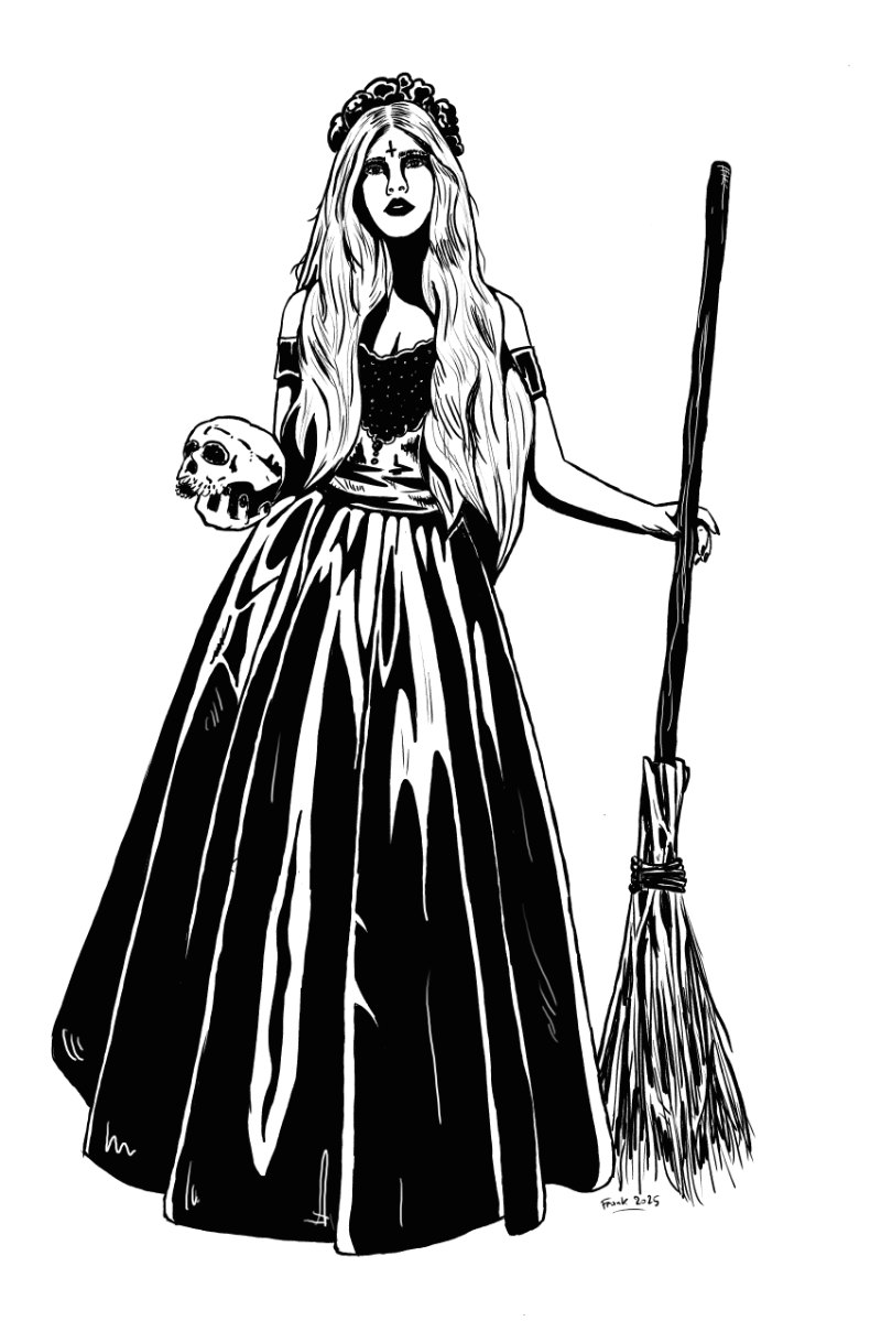 Young witch in long gown, holding a skull in one hand and a broom in another.