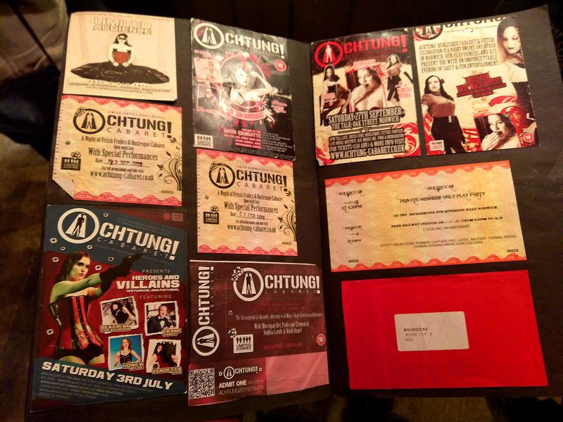 Collection of tickets and flyers from a cabaret night
