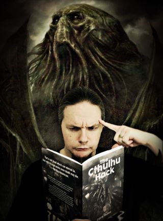 Frank reading the Cuthulhu Hack book, while Cthulhu himself rises in the background.