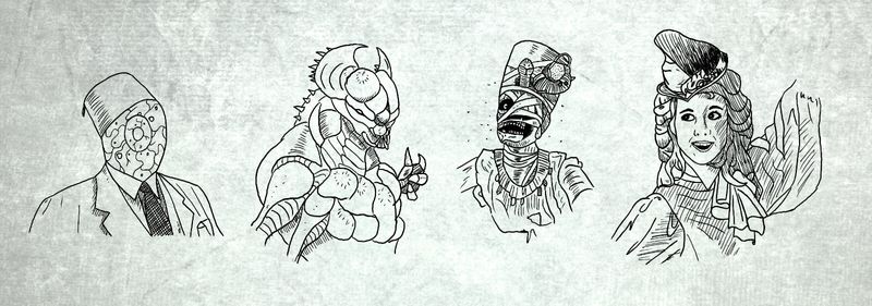 Illustrations of four characters.