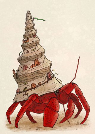 A giant hermit crab thing with houses on it.