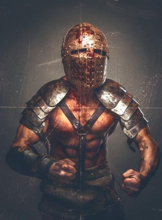 Muscled and helmed gladiator flexing and being angry while covered in blood.