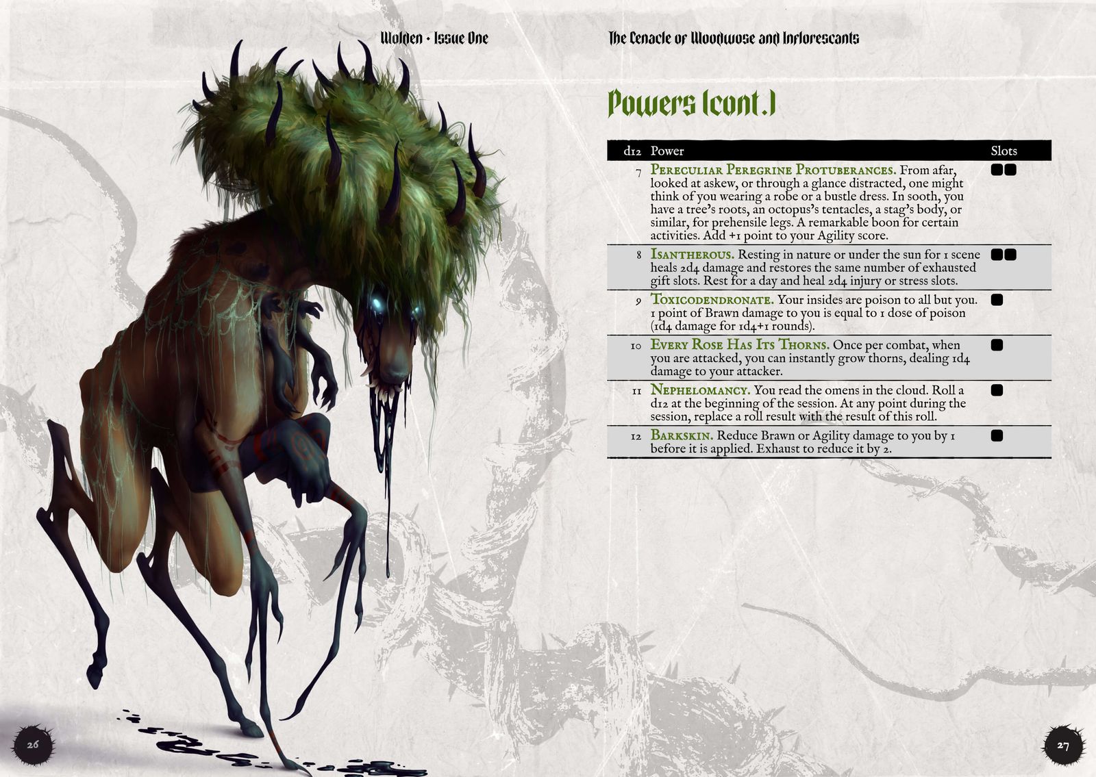 Illustration of a horned forest creature with too many arms on one side, and a table of powers on the other.