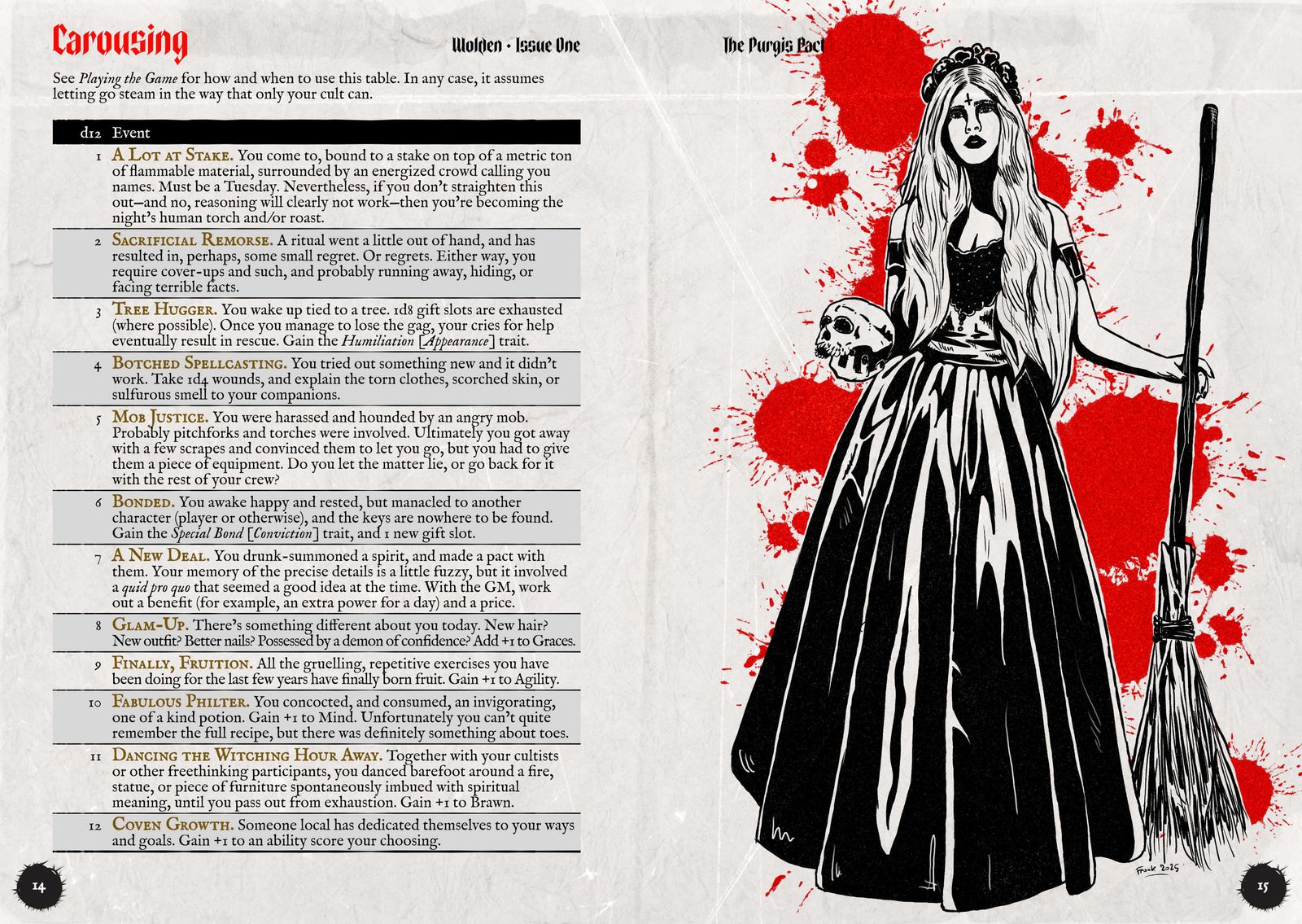 Left page showing Purgis Pact carousing options, right page with black and white illustration of a beautiful, long-haired witch in a gown holding a skull and a broom.