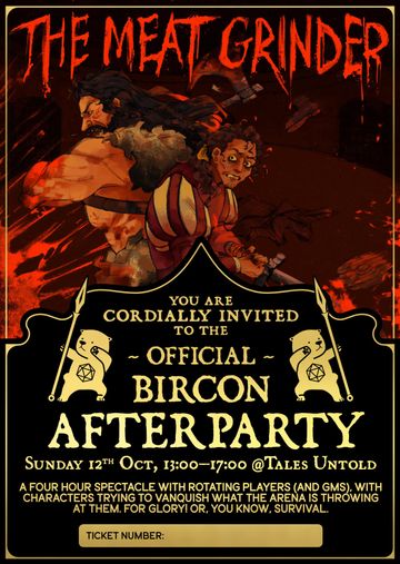 A golden ticket for the Meat Grinder afterparty event - illustration of two combatants at the top, one muscled, fierce, and bold, and one meager, hunched, and out of his depth, and invitation text at the bottom