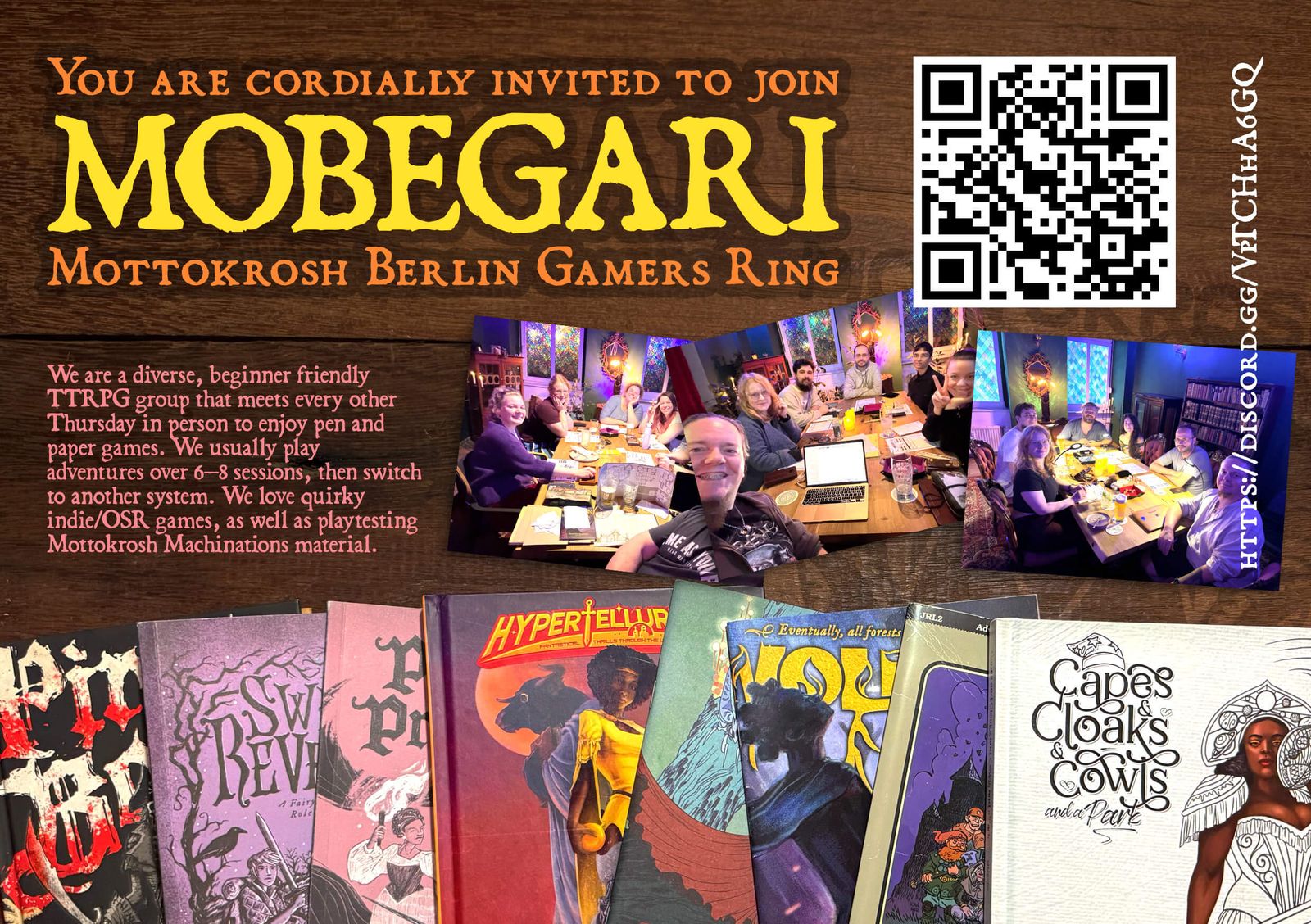A flyer for Mottokrosh Berlin Gamers Ring (MOBEGARI) showing some of the games we play (OSR/indie titles) and some photos from our sessions.