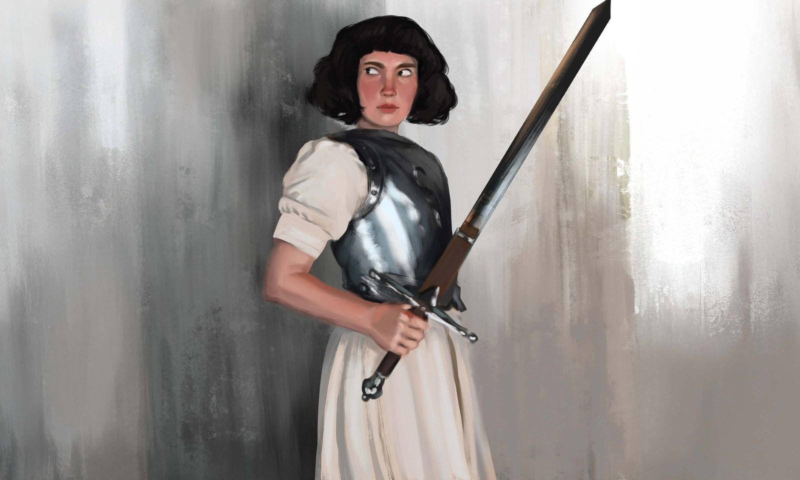 Painting of a woman in a white gown and metal breastplate, wielding a sword.