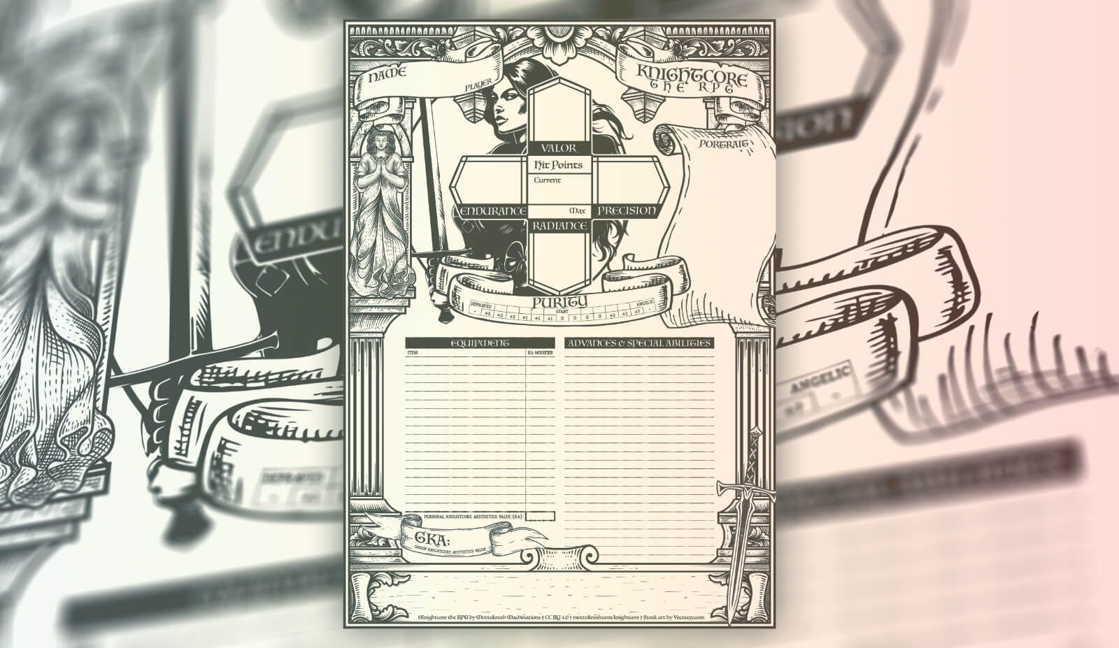 Character sheet with a lot of medieval motifs.