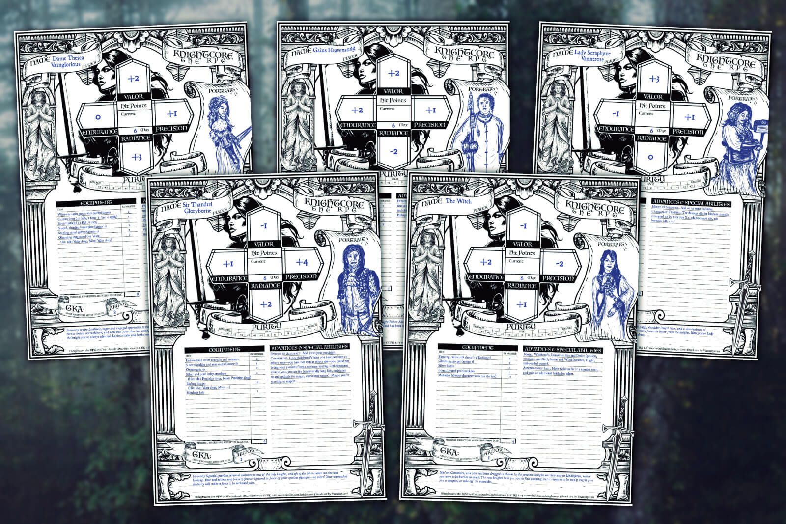 Five Knightcore character sheets spread out on a background of a misty forest.